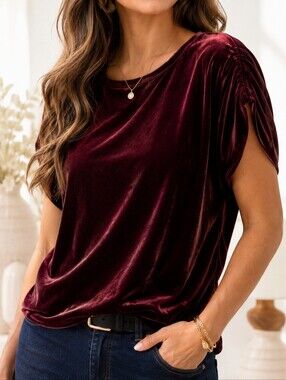 Burgundy Velvet Top Plus Size 2X Soft Glam Cinched Sleeves Holiday Party Luxe